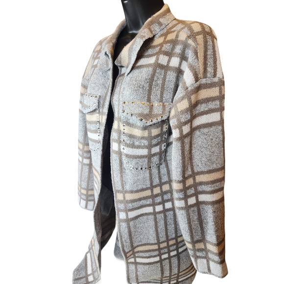 Madison Plaid Knit Cardigan Sweater Womens Large Open Front Layering Rhinestone - Picture 6 of 14